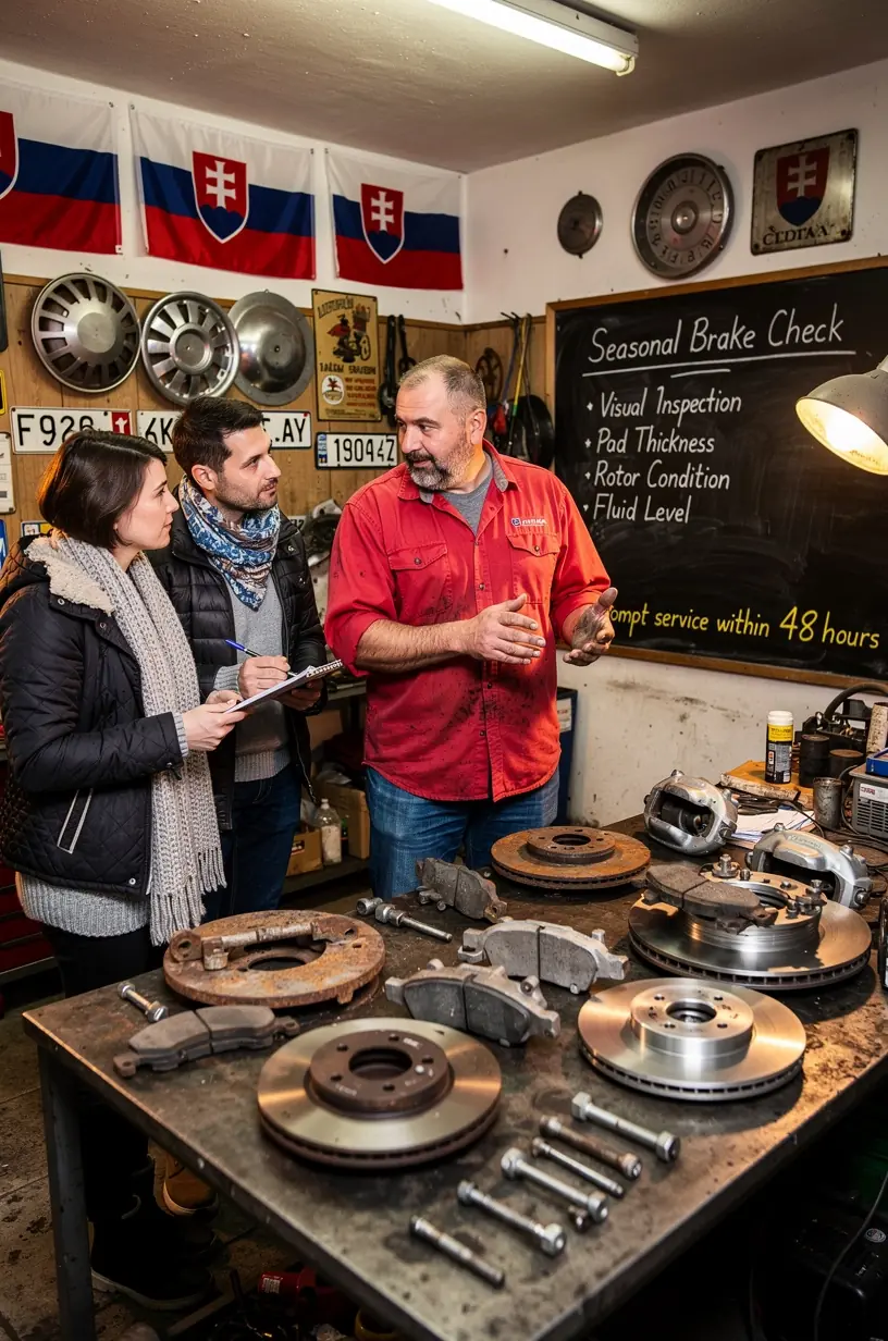 Zákazník konzultuje s mechanikom prioritný termín opravy brzd a podvozku do 48 hodín.