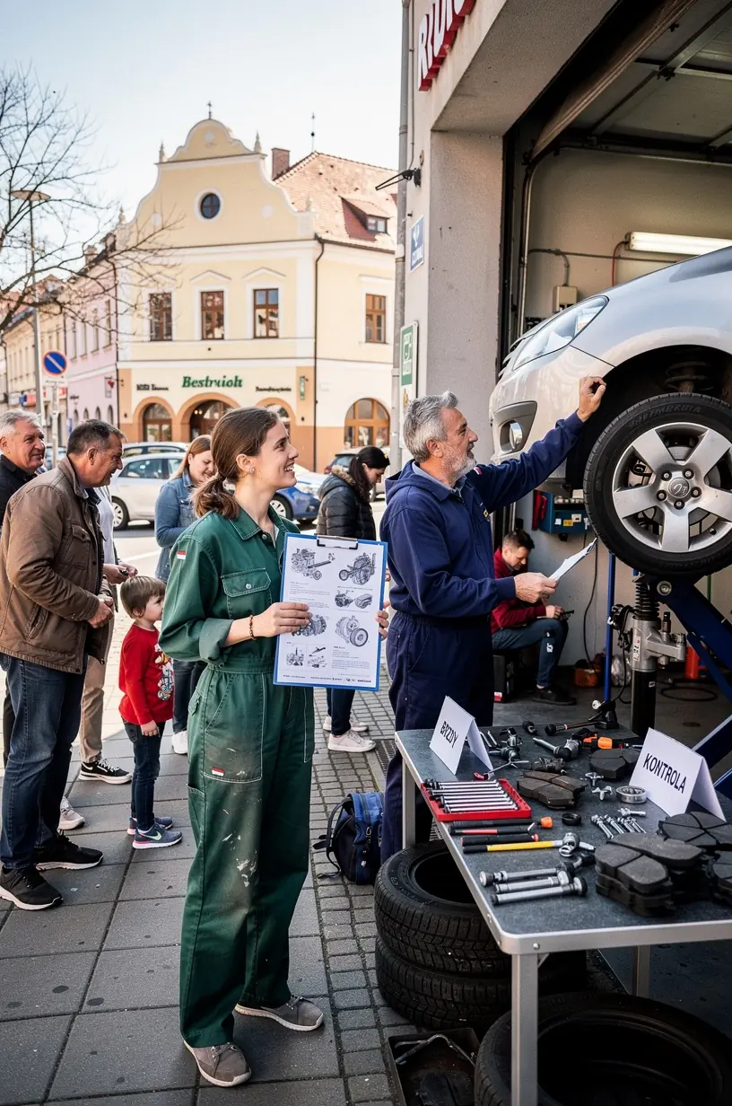Pracovný priestor autoservisu so zdvihnutým autom pripraveným na rýchlu opravu podvozku.